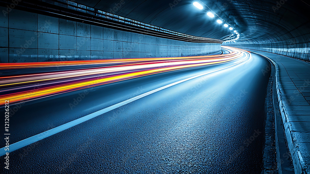 Poster dynamic light trails streak through a nighttime tunnel, showcasing speed and movement.