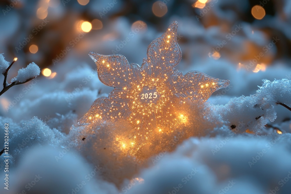 Poster a close-up shot of a snowflake surrounded by colorful lights