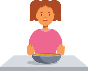 Little girl refusing to eat soup with disgust on her face, sitting at the table