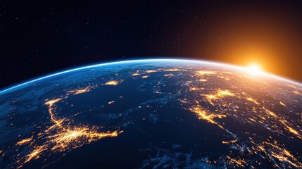 Fototapeta premium Global sunrise over earth space view natural phenomenon outer atmosphere aerial perspective planetary beauty