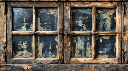 Rustic Aged Wooden Window with Chipped Paint: Vintage Architectural Detail