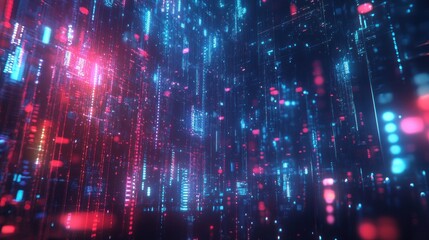 Abstract digital data streams, glowing red and blue lines, particles, and bokeh lights in a dark background.