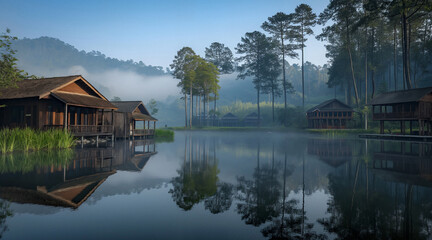 Obraz premium Serene Village in Morning Mist by Tranquil Lake with Wooden Cabins and Tall Pine Trees