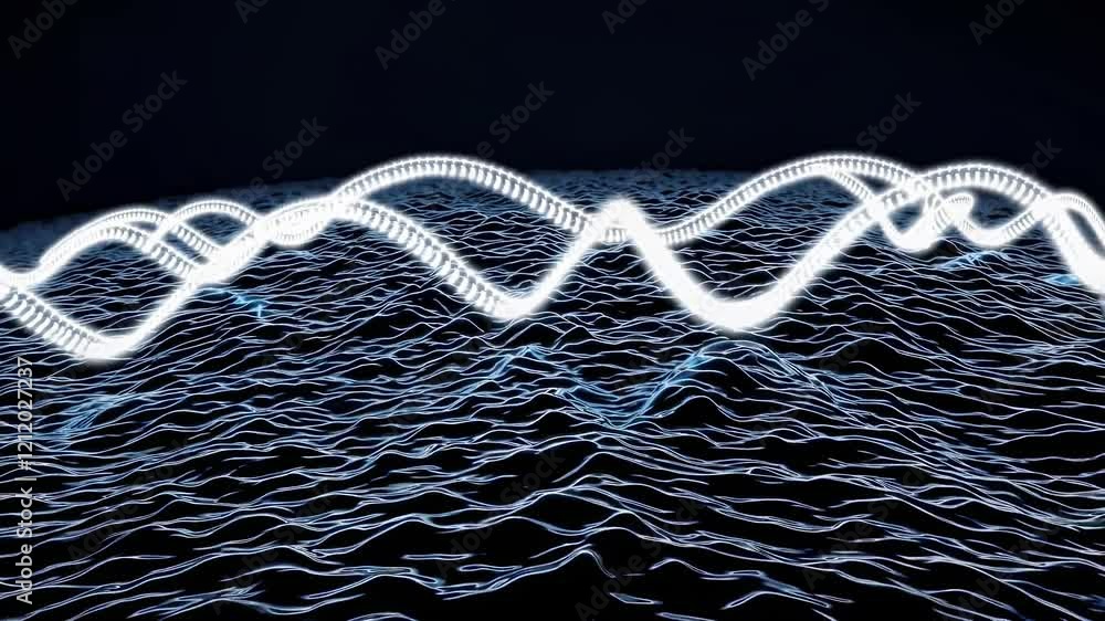 Poster visualizing sound waves through captivating light patterns in a dark environment