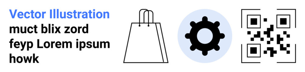 Shopping bag, gear for settings, QR code. Ideal for online shopping, digital transactions, technology setup, product customization, app development marketing e-commerce platforms. Landing page