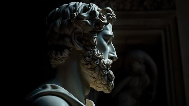 Marble statue of a philosopher, set in a dark atmosphere, evoking deep thought