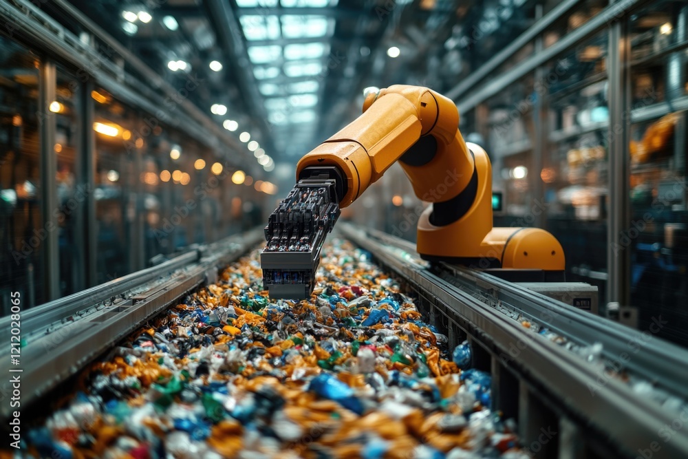 Poster a robot moves a conveyor belt filled with soda cans, suitable for use in illustrations about manufac