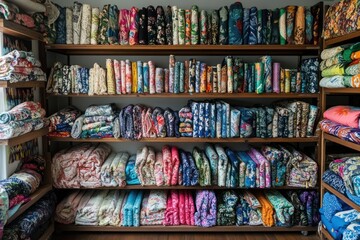 Colorful fabric rolls on wooden shelves in a retail store