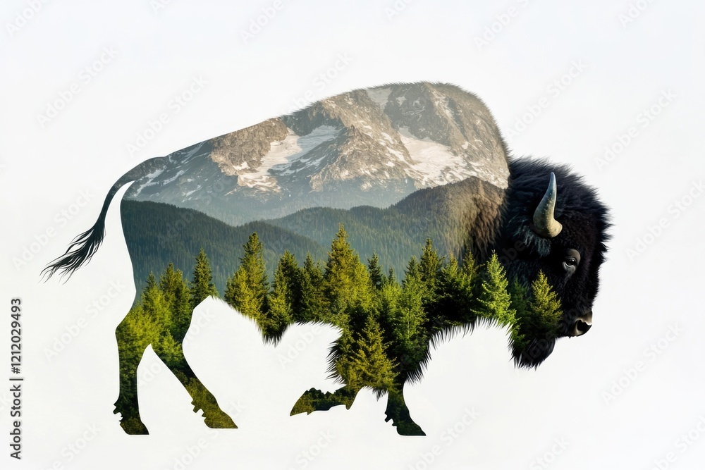 Poster a bison standing in a mountainous environment with scenic views