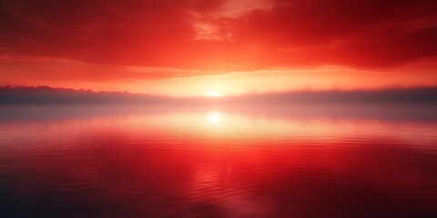 Obraz premium Fiery red sunset reflecting on calm water.