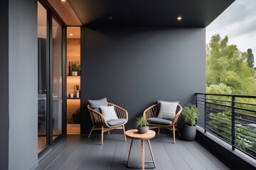 Modern Balcony Design With Dark Grey Wall Paint And Open Ledges
