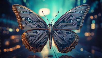 Stunning digital art of a butterfly with intricate circuit board wings.  Perfect for technology, nature, innovation, and AI concepts.