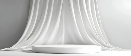 White platform, draped backdrop, studio, product display