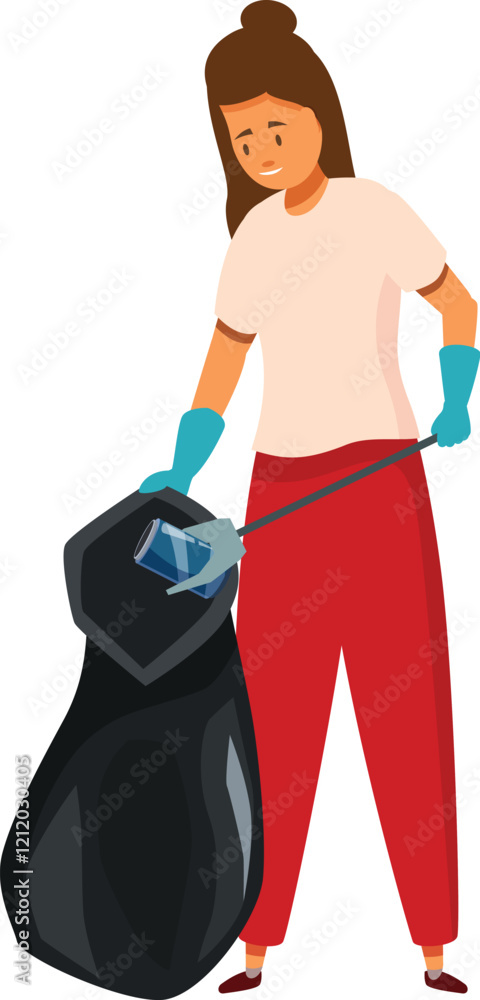 Poster volunteer collecting garbage with picker into garbage bag, waste recycling and cleaning environment