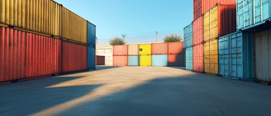 Fototapeta premium Shipping Container Yard: Rows of colorful shipping containers stand in a sun-drenched storage yard, creating a vibrant and dynamic scene of global trade and logistics.
