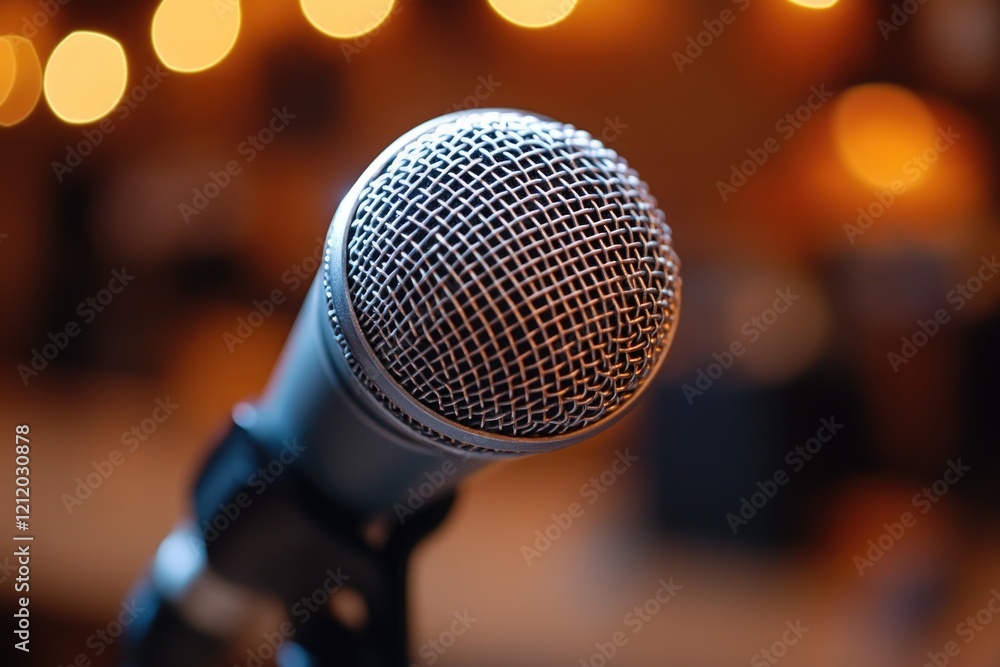 Poster A close-up shot of a microphone with colorful lights shining from behind, ideal for music or performance-related uses