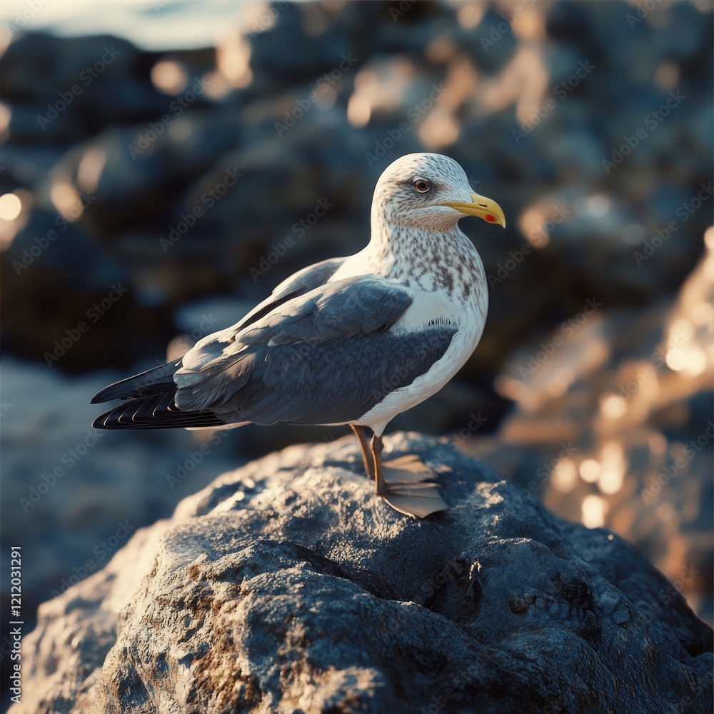 Poster a seagull perched on a rock overlooking the ocean, with waves crashing in the background