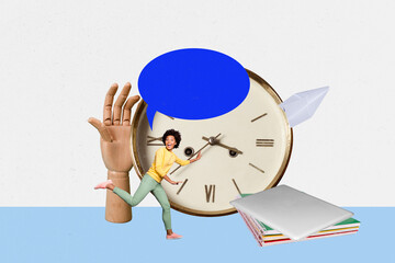 Composite artwork collage template sketch of deadline point time work o'clock young lady run smile...