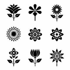 set of black and white flowers, Black and white floral icons, minimalist flower silhouettes, botanical illustrations, graphic design elements, stylized plant shapes, vector flower symbols, lotus, sunf