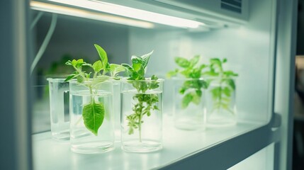 sterile white laboratory setup, vivid green plants in transparent beakers, bright lighting, eco-friendly science concept, harmonious blend of nature and technology