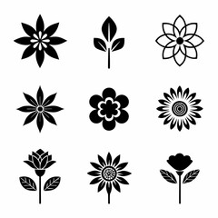 set of black and white flowers, Black and white floral icons, minimalist flower silhouettes, botanical illustrations, graphic design elements, stylized plant shapes, vector flower symbols, lotus, sunf