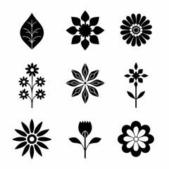 set of black and white flowers, Black and white floral icons, minimalist flower silhouettes, botanical illustrations, graphic design elements, stylized plant shapes, vector flower symbols, lotus, sunf