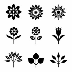 set of black and white flowers, Black and white floral icons, minimalist flower silhouettes, botanical illustrations, graphic design elements, stylized plant shapes, vector flower symbols, lotus, sunf