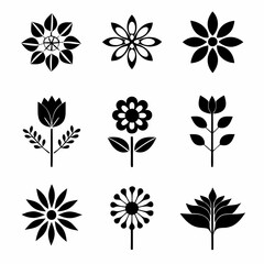 set of black and white flowers, Black and white floral icons, minimalist flower silhouettes, botanical illustrations, graphic design elements, stylized plant shapes, vector flower symbols, lotus, sunf
