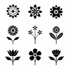 set of black and white flowers, Black and white floral icons, minimalist flower silhouettes, botanical illustrations, graphic design elements, stylized plant shapes, vector flower symbols, lotus, sunf