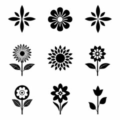 set of black and white flowers, Black and white floral icons, minimalist flower silhouettes, botanical illustrations, graphic design elements, stylized plant shapes, vector flower symbols, lotus, sunf