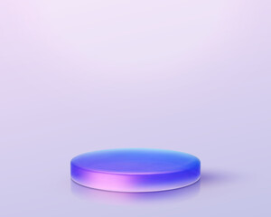 3d iridescent hologram disk, coin, podium, pedestal. Render figure with purple, pink, blue colors. Vector illustration isolated on white for design projects, product display, presentation, adv