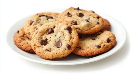 A plate of freshly baked chocolate chip cookies with golden edges and gooey centers, Each cookie’s melty chocolate chips and crumbly texture captured with precision