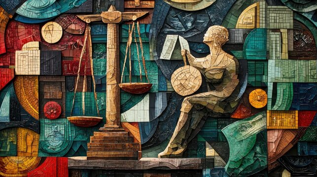 An artistic representation of justice icons arranged in a creative layout, suitable for educational materials