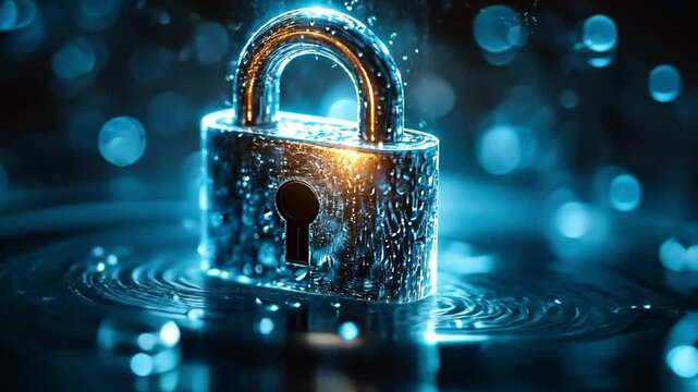 Secure and Shimmering: A gleaming padlock, adorned with shimmering water droplets, sits amidst a mesmerizing blue and silver background, evoking a sense of impenetrable security.