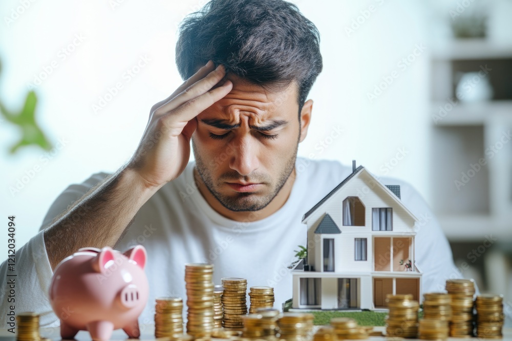 Poster a person sitting at a table surrounded by stacks of coins and a piggy bank, emphasizing the importan