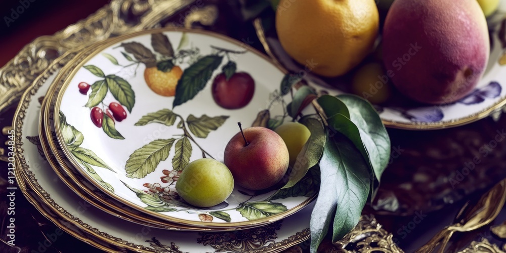Poster A collection of colorful plates with various fruits arranged in patterns