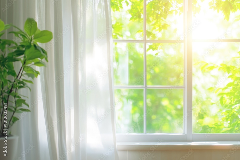 Aufkleber a simple scene with a white curtain and a potted plant in front of it, suitable for various uses suc