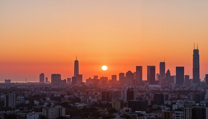 Fototapeta premium Stunning sunset over urban skyline, vibrant cityscape beauty