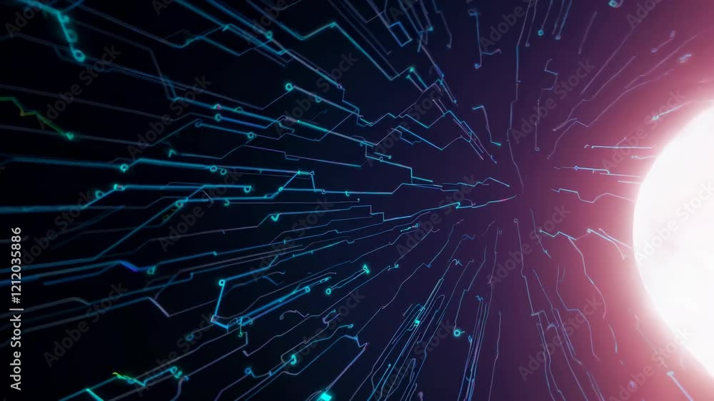 Poster exploring the visual journey of digital data transformation through vibrant light patterns and dynam