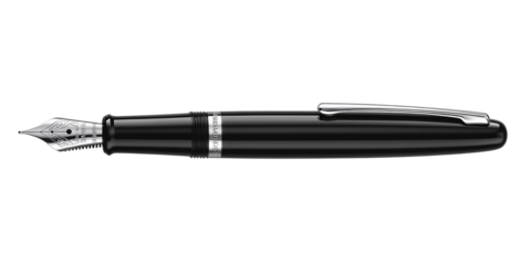 A sophisticated black fountain pen with silver accents.
