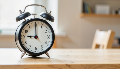 Naklejka premium Stylish alarm clock displaying time on wooden table, creative decor