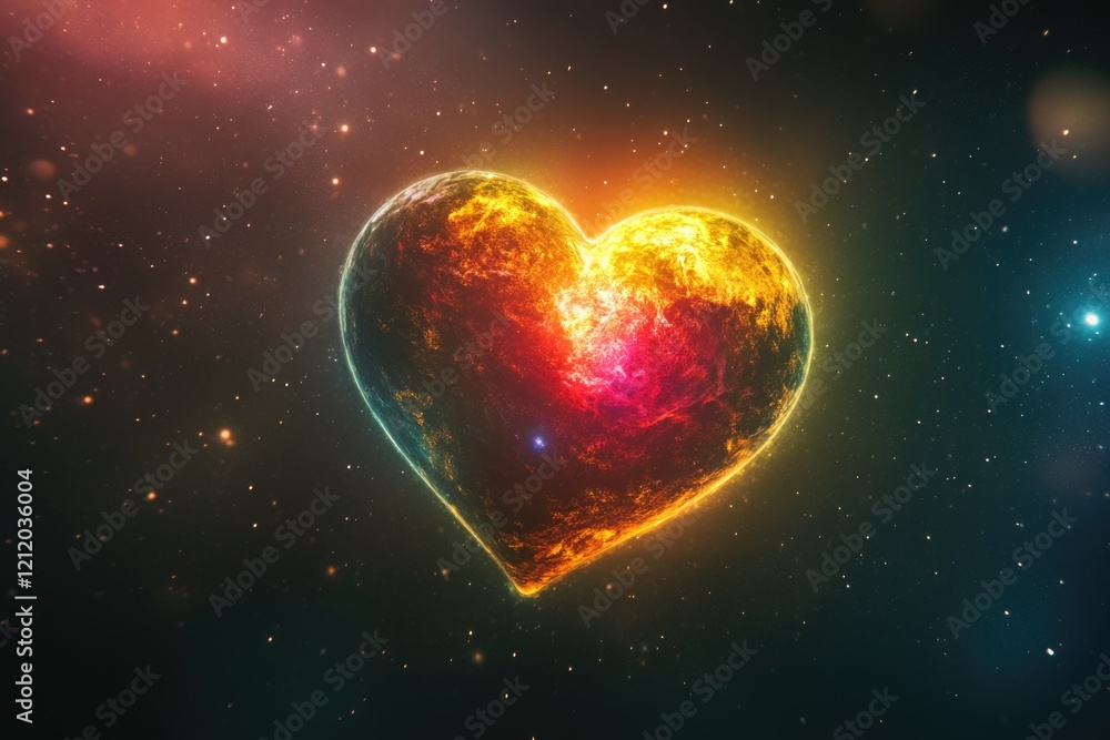 Poster a heart-shaped object floats in the middle of space, against a starry background