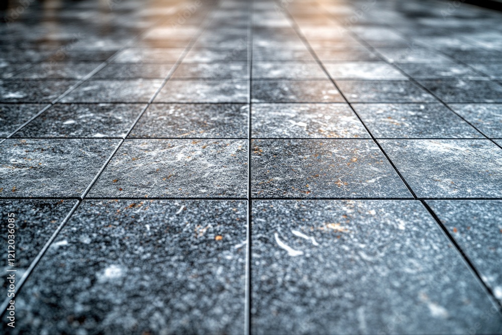 Poster a dark and mysterious scene of a black tiled floor with a bold red umbrella standing out