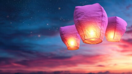 Releasing sky lanterns at sunset scenic landscape serene environment cultural celebration