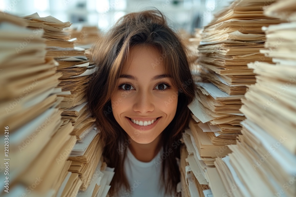 Poster a person with a large pile of papers or documents on their head, possibly representing information o