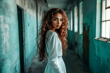 Fototapeta premium Long coiffure - curly hair. Commercial ad campaign creative art. Gorgeous calm mixed-race girl - for ads, advertisement and social networks use. African model beauty trends. African girl style.