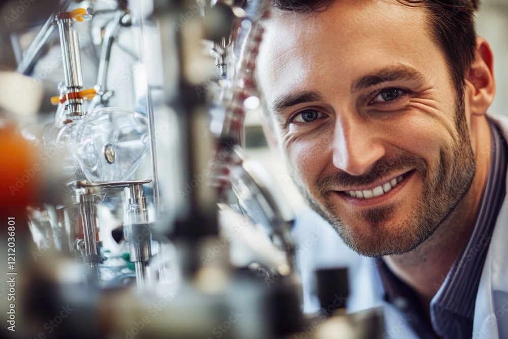 Poster A person in a lab coat smiling directly at the camera, conveying friendliness and approachability