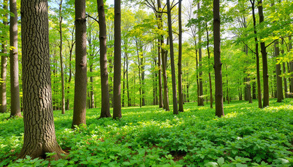 Fototapeta premium Lush green forest undergrowth thriving in sunlight, nature's rebirth