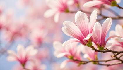 Obraz premium Delicate magnolia blossoms blooming under clear sky, spring beauty