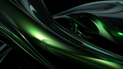 Captivating Abstract Fluid Waves in Green and Black, generative AI